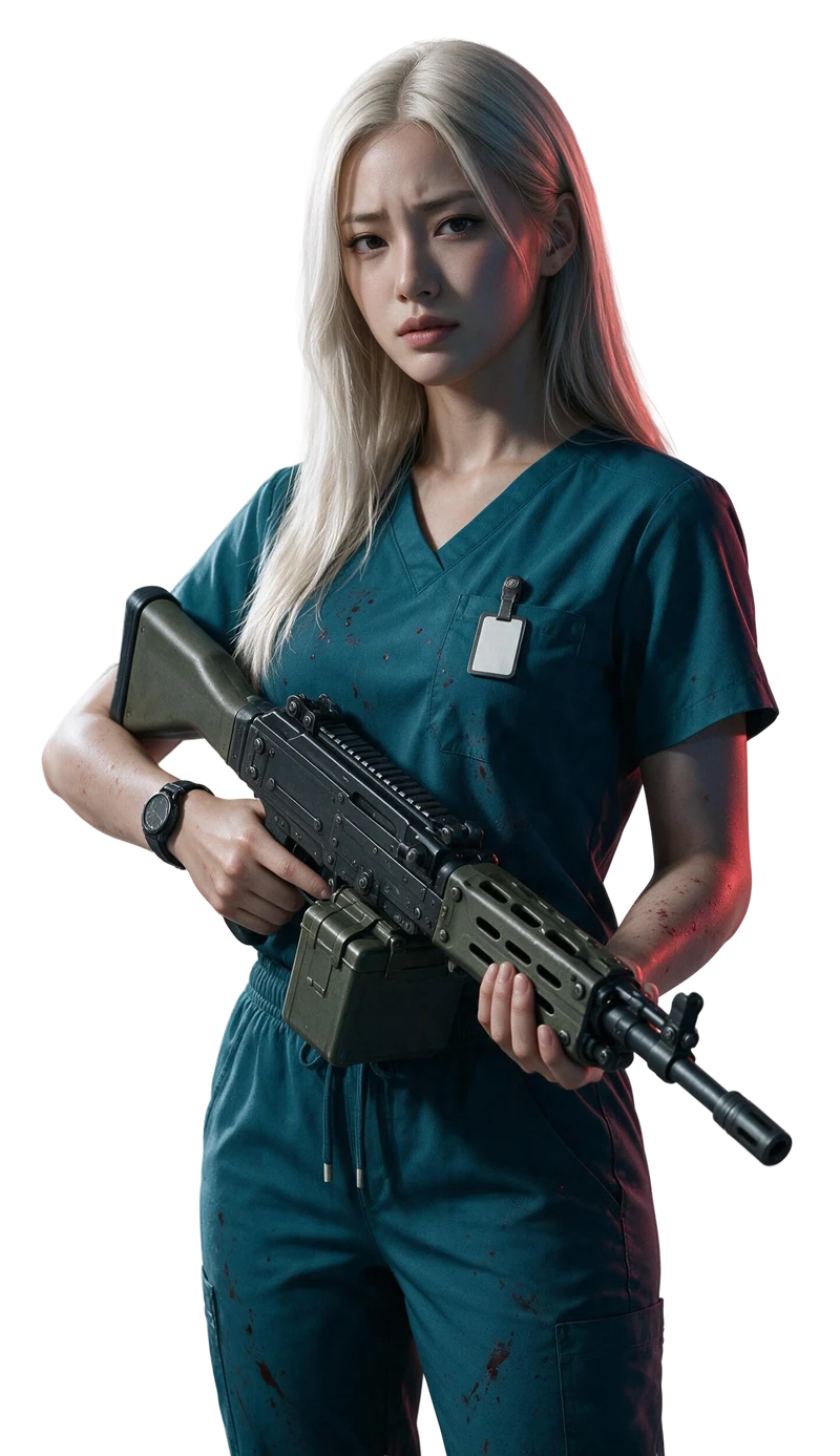 Reika wears teal work clothes and holds a firearm with quiet resolve.
